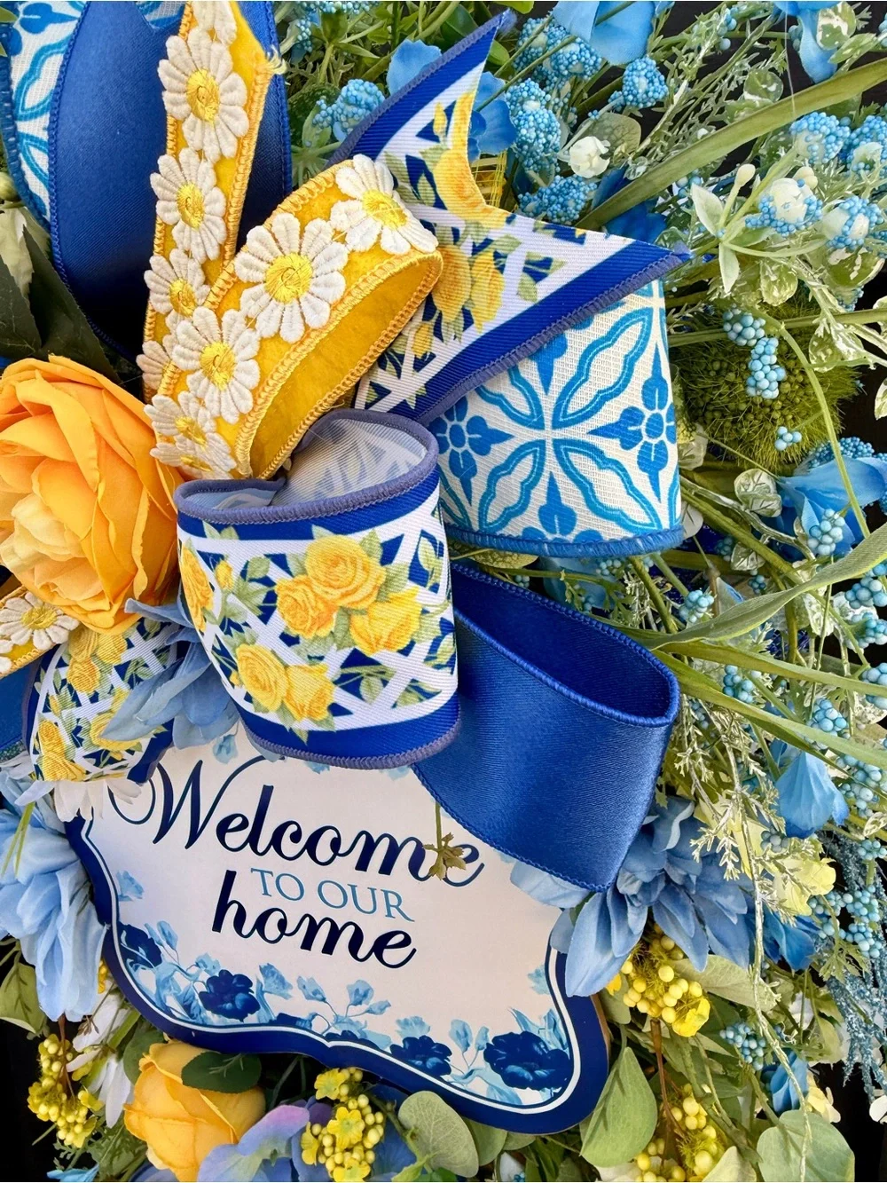 Hand Crafted Blue and Yellow Welcome Home Door Wreath